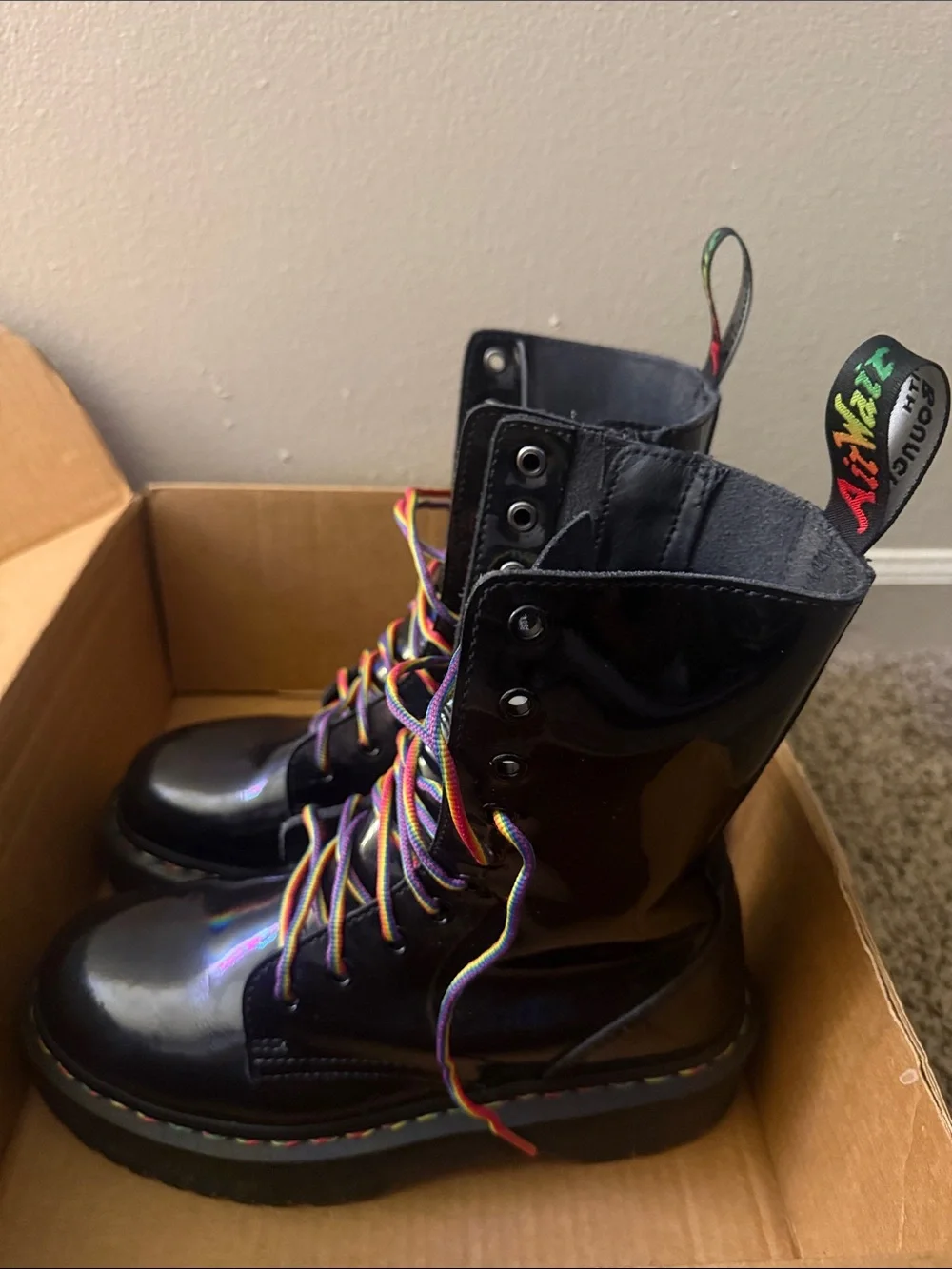 Unisex Dr. Martens Jadon HI Rainbow Patent Platform Boots with Iridescent